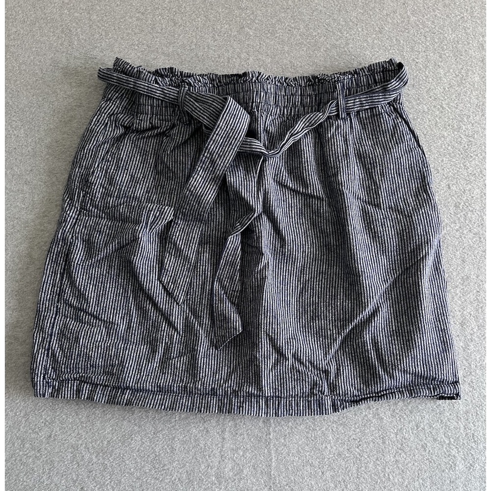 J. Crew Skirt Linen Cotton Railroad Striped Size L Blue White Belt Re Imagined